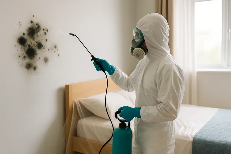 Technician in a protective suit treating mould on a bedroom wall